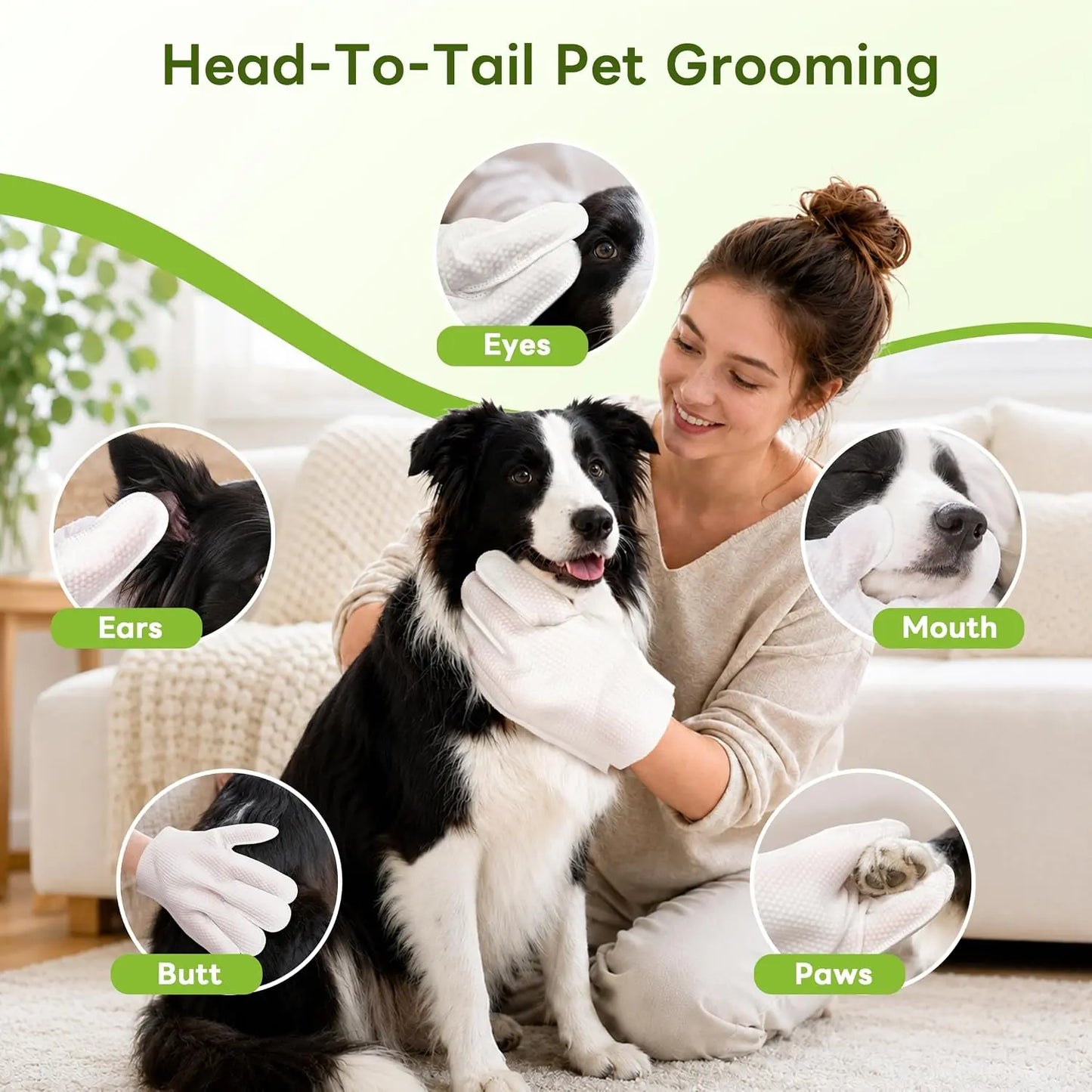 Dog & Cat Grooming Wipes - Extra-Thick Individually Wrapped No-Rinse Cleaning Gloves for Paws, Coat, 6 Packs Purified Water Moisturizing Hydrating Wipes for Home Use