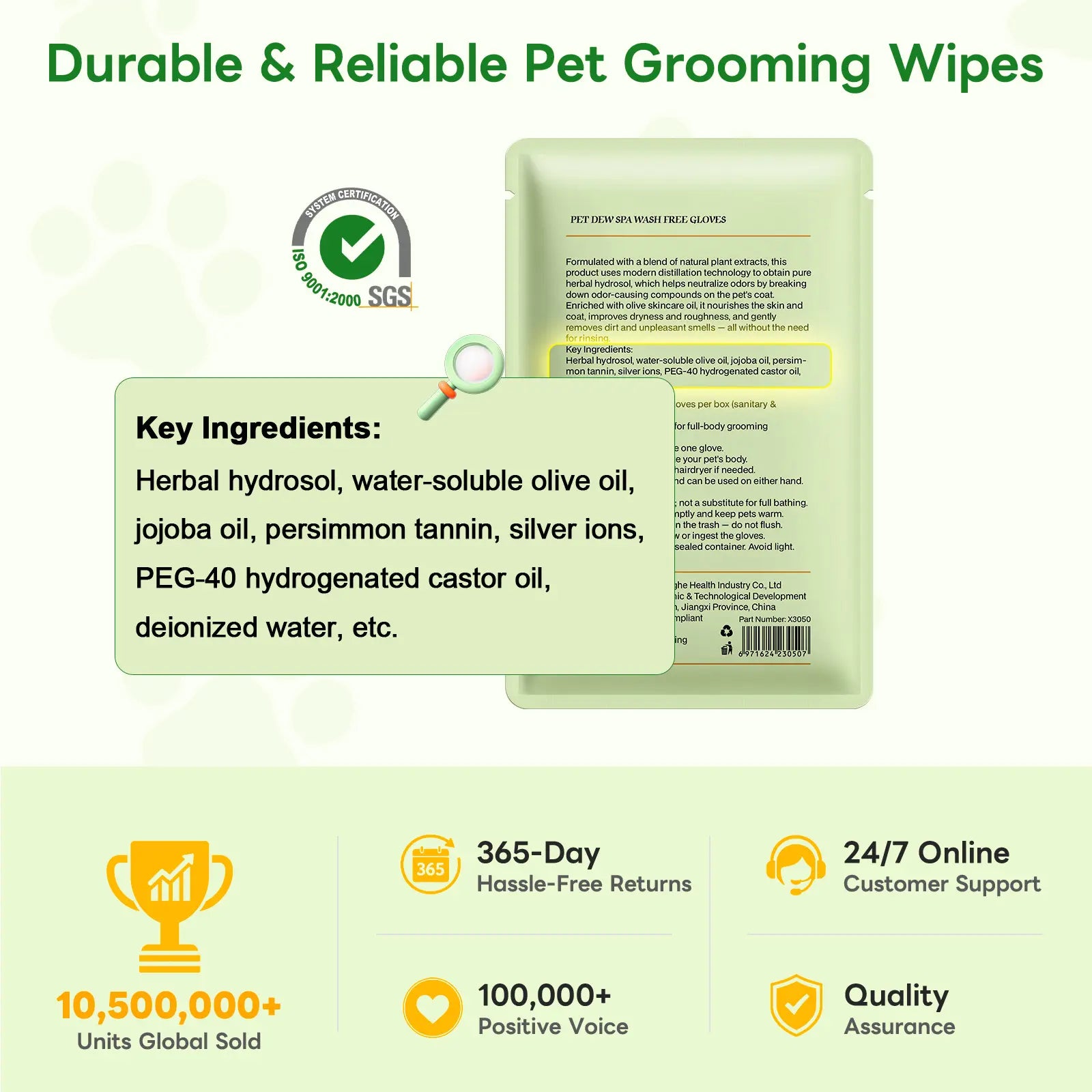 Dog & Cat Grooming Wipes - Extra-Thick Individually Wrapped No-Rinse Cleaning Gloves for Paws, Coat, 6 Packs Purified Water Moisturizing Hydrating Wipes for Home Use