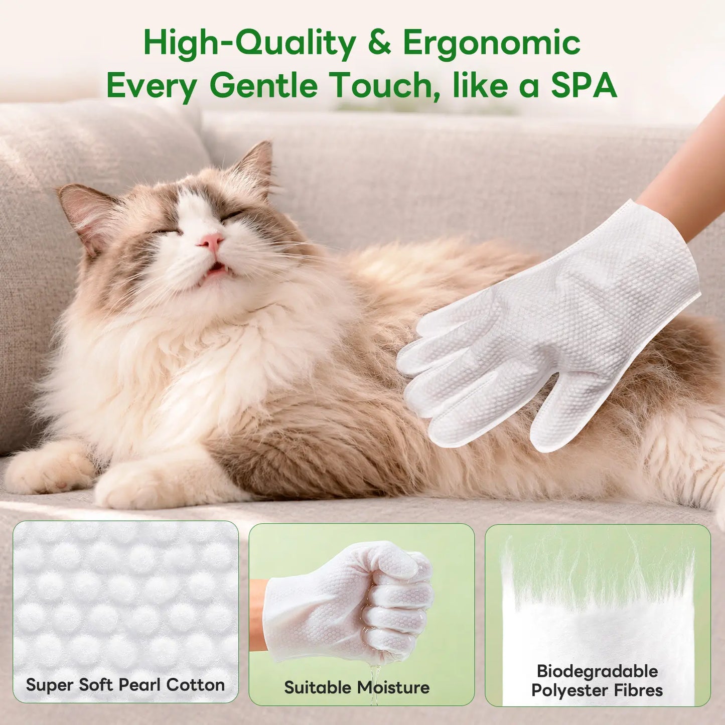 Dog & Cat Grooming Wipes - Extra-Thick Individually Wrapped No-Rinse Cleaning Gloves for Paws, Coat, 6 Packs Purified Water Moisturizing Hydrating Wipes for Home Use