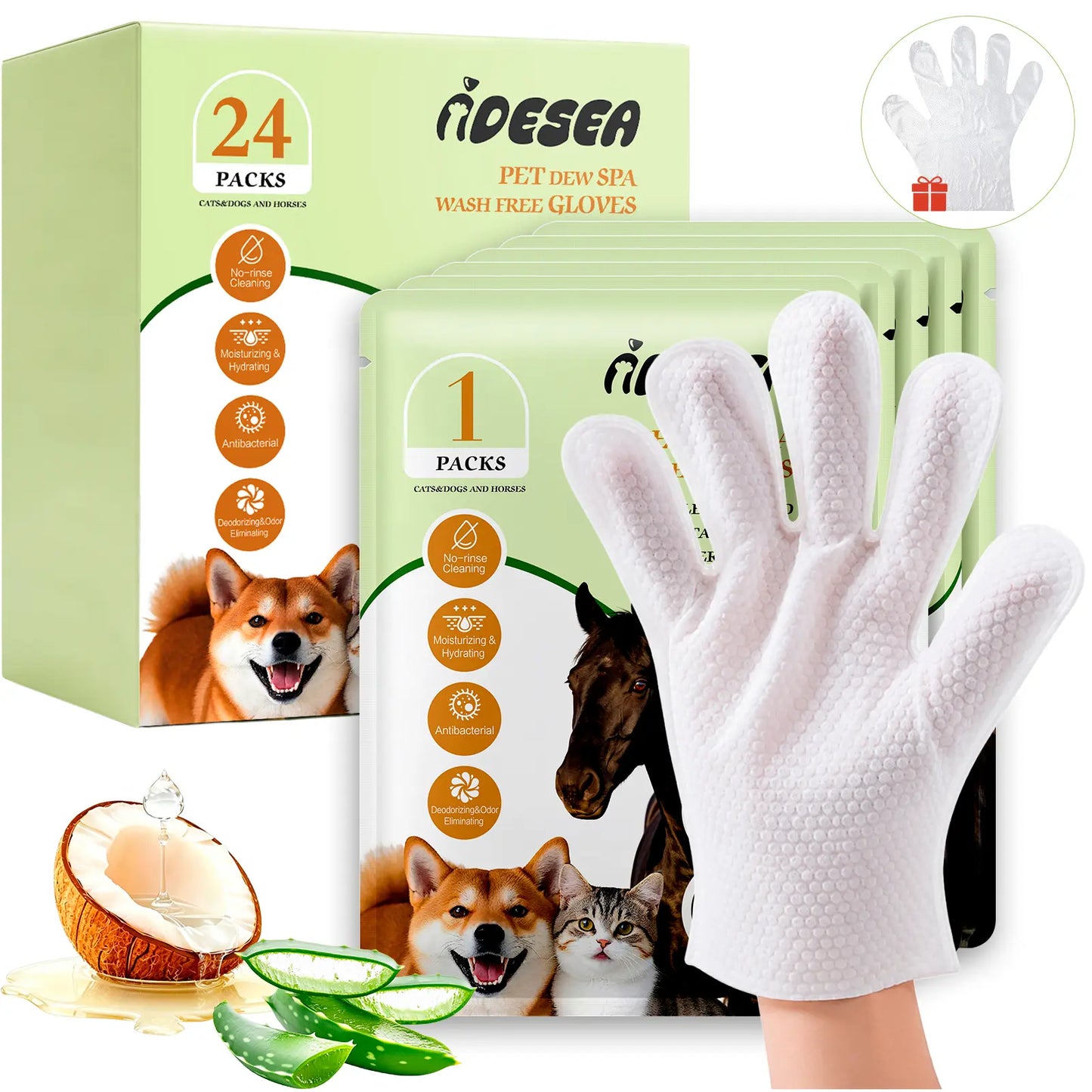 Dog & Cat Grooming Wipes - Extra-Thick Individually Wrapped No-Rinse Cleaning Gloves for Paws, Coat, 6 Packs Purified Water Moisturizing Hydrating Wipes for Home Use