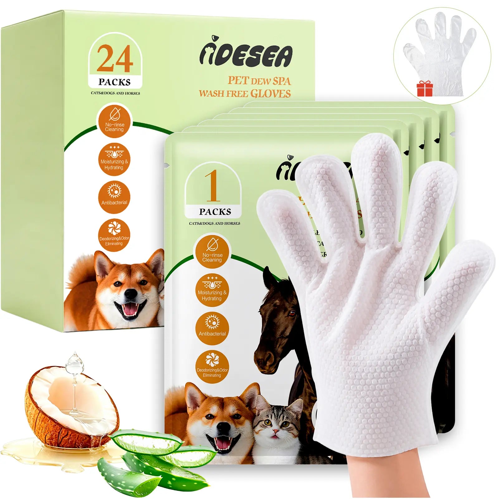 Dog & Cat Grooming Wipes - Extra-Thick Individually Wrapped No-Rinse Cleaning Gloves for Paws, Coat, 6 Packs Purified Water Moisturizing Hydrating Wipes for Home Use