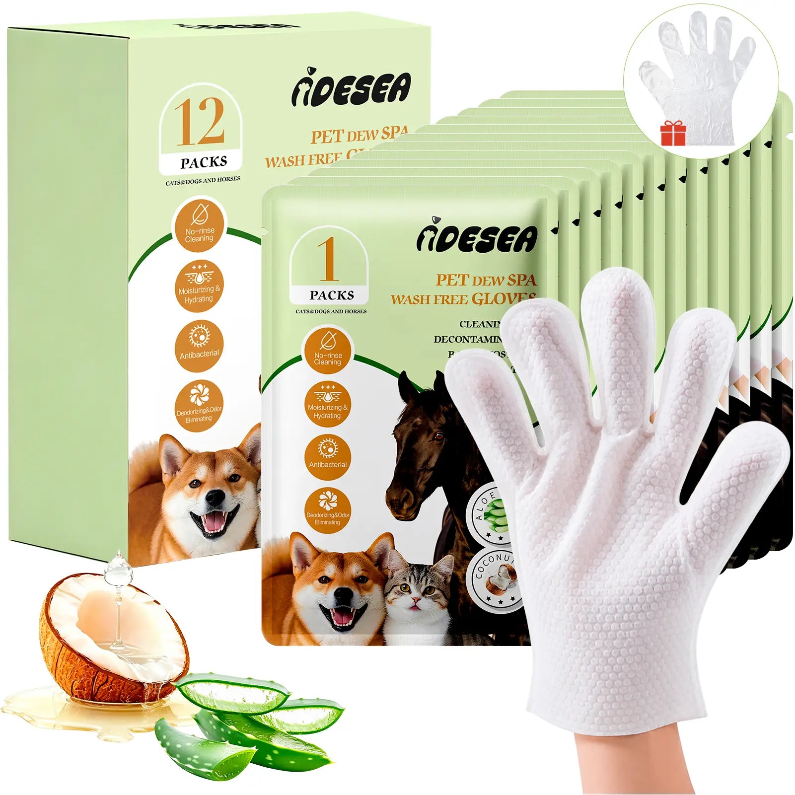 Dog & Cat Grooming Wipes - Extra-Thick Individually Wrapped No-Rinse Cleaning Gloves for Paws, Coat, 6 Packs Purified Water Moisturizing Hydrating Wipes for Home Use