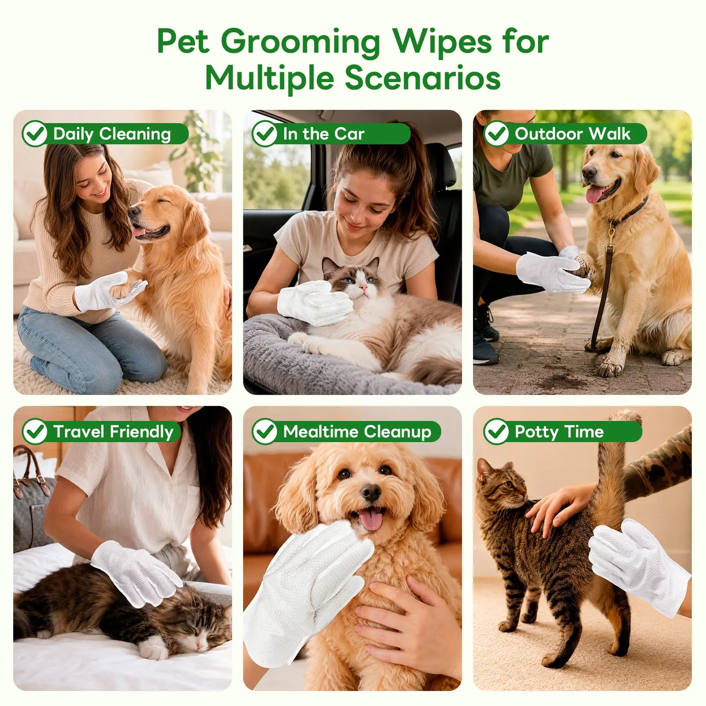 Dog & Cat Grooming Wipes - Extra-Thick Individually Wrapped No-Rinse Cleaning Gloves for Paws, Coat, 6 Packs Purified Water Moisturizing Hydrating Wipes for Home Use